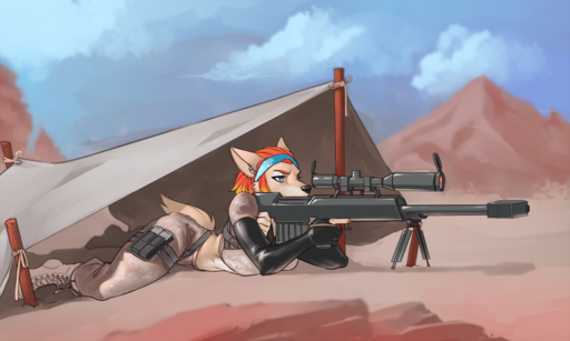 5:3 anthro bandanna canid canine canis clothed clothing domestic_dog faint female gun kerchief lying mammal military on_front outside ranged_weapon rifle sniper_rifle solo tent trigger_discipline weapon // 1100x660 // 589.6KB