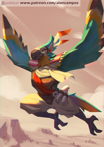 2017 alanscampos anthro avian beak bird blurred_background clothed clothing digital_media_(artwork) feathered_wings feathers flying hi_res kass_(tloz) male rito smile solo text url video_games winged_arms wings // 1414x2000 // 1.1MB