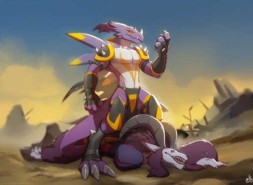 anthro armor bottomwear clothed clothing digimon_(species) dominant dominant_male dragon dragoneer_(character) duo fan_character gauntlets gloves handwear loincloth male mephistomon monodramon murasadramon muscular patto scalie // 1280x938 // 1.5MB