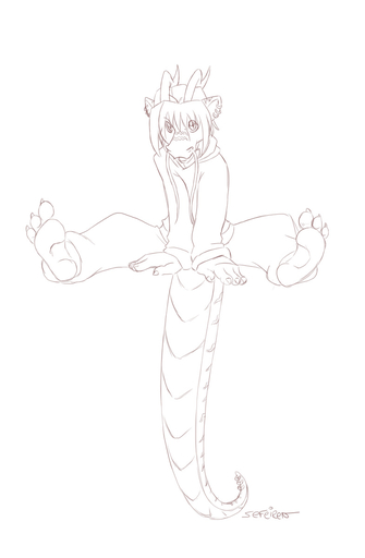 anthro biped bottomwear clothing conditional_dnp dragon ear_piercing furgonomics furry-specific_piercing hi_res hindpaw hoodie horn kyteriah male pants paws piercing scalie sefeiren sitting sketch solo stripes tail_piercing topwear whiskers // 785x1200 // 78.0KB
