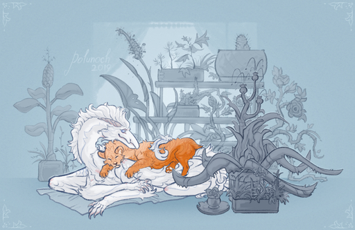 2019 digital_media_(artwork) dragon duo felid feline fur furred_dragon hi_res mammal orange_body orange_fur polunoch white_body white_fur // 1880x1224 // 2.5MB