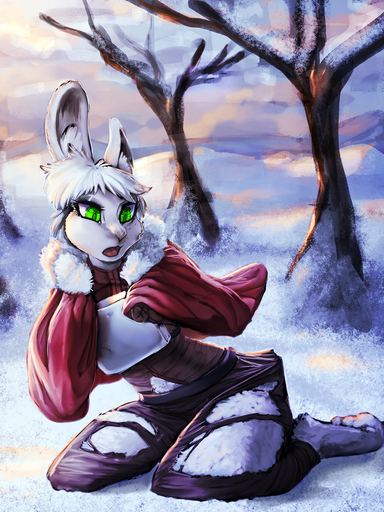 clothing digital_media_(artwork) female fur general-irrelevant green_eyes hair hi_res kneeling open_mouth outside plant red_clothing red_topwear snow solo surprise topwear torn_clothing transformation tree white_body white_fur white_hair // 1080x1440 // 1.3MB