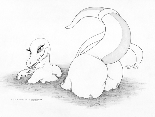 2016 anthro anthrofied ass_up big_butt butt ecmajor english_text female lizard looking_at_viewer looking_back monochrome mud nintendo nude pokemon pokemon_(species) pokemorph raised_tail reptile salazzle scalie signature smile solo text traditional_media_(artwork) video_games // 1496x1138 // 1.2MB