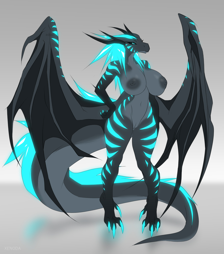 2019 4_toes 5_fingers anthro antlers areola big_breasts black_sclera blue_eyes blue_hair blue_stripes breasts claws digital_media_(artwork) dragon feet female fingers genitals glowing hair hi_res horn huge_breasts long_hair membrane_(anatomy) membranous_wings nipples non-mammal_breasts nude pussy scalie simple_background small_waist solo stripes toes western_dragon wings xenoda // 1147x1300 // 549.8KB