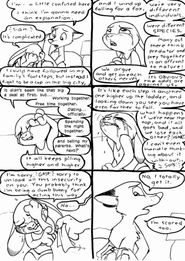 2016 anthro bed black_and_white bodily_fluids canid canine chest_tuft clothed clothing comic crying dialogue disney duo ears_back emotional english_text eric_schwartz female fox furniture hi_res inside judy_hopps lagomorph leporid male malefemale mammal monochrome nick_wilde open_mouth phone pivoted_ears predatorprey rabbit red_fox serious sitting skimpy tears teeth text topless tuft vulpes zootopia // 906x1280 // 330.1KB
