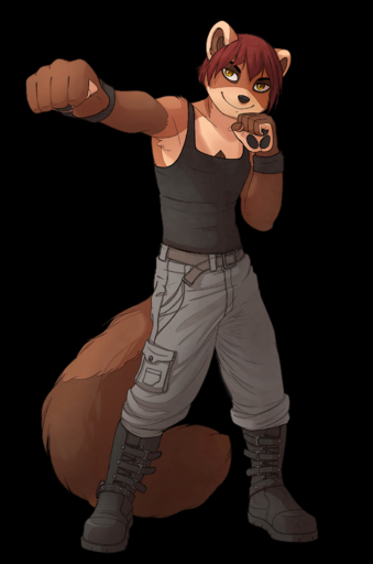 5_fingers alpha_channel anthro belt biped black_nose boots bottomwear brown_body brown_fur cargo_pants clothed clothing digital_media_(artwork) fingers fist footwear front_view fully_clothed fur gulonine hair hi_res iskra konrad_zengel looking_at_viewer male mammal marten mustelid musteline orange_eyes pants punch red_hair shaded shirt short_hair simple_background smile solo standing tan_body tan_fur tank_top topwear transparent_background wristband // 1090x1647 // 1.1MB