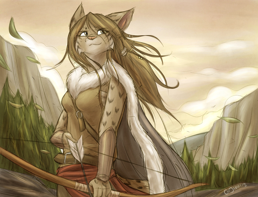 2015 anthro archer armor arrow beads belt bow_(weapon) bracers breasts brown_body brown_eyes brown_fur brown_hair cloak clothing detailed_background digital_media_(artwork) eyebrows eyelashes felid feline female forest fur hair holding_object holding_weapon lynx mammal nuzzo outside plant ranged_weapon shaded shivah smile solo tree weapon // 1100x843 // 369.9KB