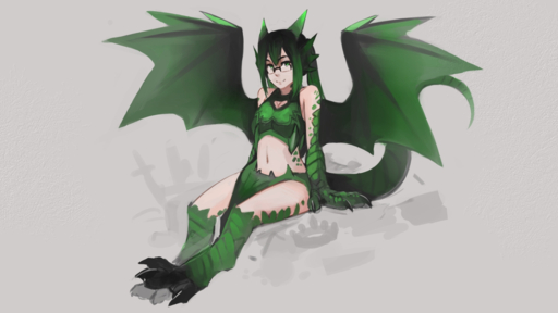 16:9 2017 animal_humanoid breasts claws dragon dragon_humanoid eyewear female glasses green_body green_eyes green_scales grey_background hair hi_res horn humanoid looking_at_viewer multicolored_hair navel paintrfiend pigtails scales simple_background sitting smile solo spread_wings tharkis two_tone_hair wings // 1600x900 // 951.9KB