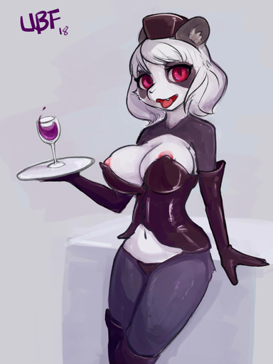 2018 anthro areola areola_slip beverage big_breasts breasts clothing container cup drinking_glass female giant_panda glass glass_container glass_cup gloves grey_background hair handwear hat headgear headwear hi_res looking_at_viewer mammal nipples open_mouth red_eyes rubber simple_background solo ultrabondagefairy underwear ursid white_hair wine_glass // 938x1250 // 158.3KB
