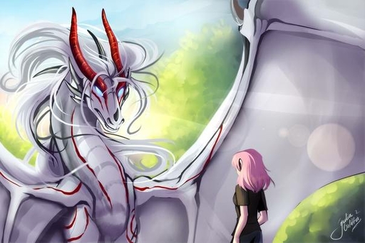 2018 clothed clothing day detailed_background digital_media_(artwork) dragon female hair horn human juliagoldfox mammal membrane_(anatomy) membranous_wings outside pink_hair scalie sky western_dragon white_hair wings // 604x403 // 34.3KB
