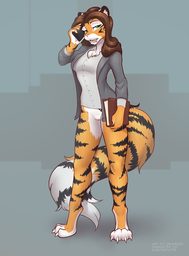 2019 alex_marx anthro black_stripes bottomless brown_hair casual_exposure chest_tuft claws clothed clothing digital_media_(artwork) fangs felid female fur genitals hair hi_res looking_at_viewer mammal multicolored_body multicolored_fur open_mouth orange_body orange_fur pantherine phone pussy reaper3d simple_background solo striped_body striped_fur stripes tiger tuft white_body white_fur // 948x1280 // 534.9KB
