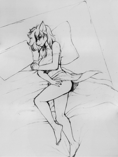 anthro bed bed_covers bedding biped black_and_white clothing digital_media_(artwork) female furniture graphite_(artwork) lying meesh monochrome pencil_(artwork) pillow solo traditional_media_(artwork) // 883x1169 // 502.8KB