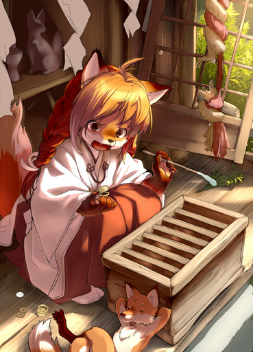 ambiguous_gender anthro asian_clothing blush braided_hair brown_eyes canid canine claws clothed clothing coin crossed_legs crouching digital_media_(artwork) digitigrade duo east_asian_clothing eyes_closed female feral fox fur gold_(metal) gold_coin hair hands_behind_head hi_res japanese japanese_clothing kemono kikurage kimono larger_female leg_markings long_hair lying mammal markings miko_outfit on_back open_mouth outside pawpads shaded shrine sitting size_difference smaller_ambiguous socks_(marking) teeth // 864x1200 // 381.0KB