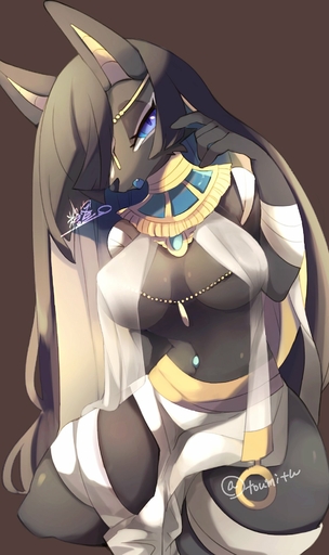 anthro anubian_jackal anubis breasts canid canine canis clothed clothing deity female hair hi_res jackal looking_at_viewer mammal solo toumitu // 1127x1900 // 203.2KB
