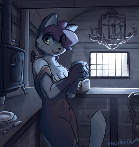 2021 anthro branches_(enginetrap) breasts clothed clothing cup cutlery detailed_background domestic_cat enginetrap felid feline felis female fork fur gloves_(marking) hi_res holding_cup holding_object inside kitchen_utensils light lighting mammal markings plate solo tools window // 1900x2018 // 2.9MB