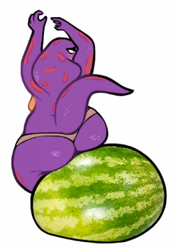 2022 4_fingers anthro blush butt clothed clothing cobra female fingers food fruit hi_res keeshee melon ncs plant purple_body reptile scalie simple_background snake solo topless watermelon white_background // 918x1280 // 208.3KB
