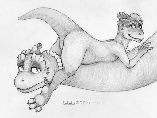 2017 allosaurid allosaurus anthro brontosaurus claws dinosaur dinosaurs_(series) diplodocid duo ear_piercing ecmajor female flat_chested fran_sinclair jewelry monica_devertebrae monochrome necklace piercing raised_tail reptile sauropod scalie simple_background theropod toe_claws white_background // 1372x1034 // 1.2MB