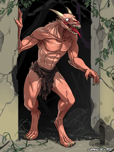 2020 3:4 4_toes 5_fingers abs bottomwear claws clothed clothing cracks detailed_background digital_media_(artwork) digitigrade feet fingers head_spikes hi_res horn humanoid loincloth male monster muscular muscular_humanoid muscular_male nails open_mouth plant red_body sharp_teeth solo spikes spikes_(anatomy) teeth toes tongue topless white_eyes zummeng // 1200x1600 // 1017.5KB