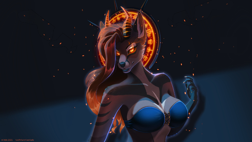 16:9 2021 amber_eyes anthro big_breasts black_nose breasts brown_hair canid canine canis dated demon digital_drawing_(artwork) digital_media_(artwork) embers english_text eyelashes female fur glowing glowing_eyes hair hi_res horn looking_at_viewer mammal multicolored_body multicolored_fur narrowed_eyes serin simple_background solo succubus symbol text url widescreen wyla yellow_eyes // 1920x1080 // 1.0MB