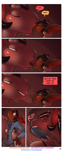 aamon_(james_howard) absurd_res anthro chiropteran clothes_ri comic demon dialogue duo gynomorph hi_res intersex intersexmale james_howard kissing male mammal size_difference size_play tina_(james_howard) // 1214x2882 // 1.5MB