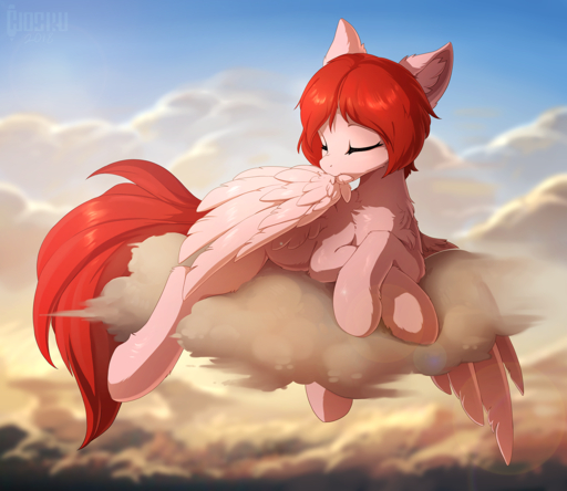 cloud day detailed_background equid equine eyes_closed fan_character feather_preening feathered_wings feathers female feral fur hair hioshiru hooves horse mammal outside pegasus personal_grooming pink_body pink_feathers pink_fur red_hair sky solo wings // 1280x1110 // 1.1MB