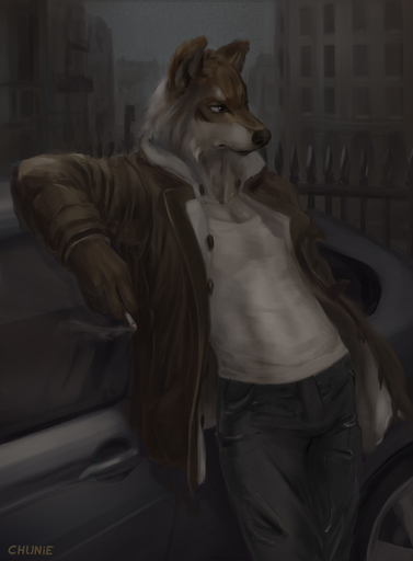 2017 5_fingers abs anthro blue_eyes bottomwear brown_body brown_fur canid canine canis car chunie cigarette clothed clothing denim denim_clothing detailed_background digital_media_(artwork) fingers fur hale hi_res jacket jeans leaning leaning_back male mammal open_clothing open_jacket open_topwear outside pants shirt smoke smoking solo topwear undershirt vehicle white_body white_fur wolf // 942x1280 // 306.1KB