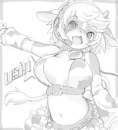 anthro arm_warmers armwear belt black_and_white blush bottomwear bovid bovine breasts cattle clothed clothing collar cowbell digital_media_(artwork) female fur hair headgear headphones headset horn kikurage long_tail looking_at_viewer mammal monochrome navel open_mouth ring shaded short_hair simple_background skirt solo star straps text ushi white_background // 600x660 // 138.5KB