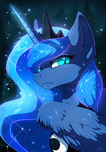 2016 blue_body blue_eyes blue_feathers blue_fur blue_hair equid equine feathered_wings feathers female feral fur hair hioshiru horn horse mammal nightmare_moon_(mlp) princess_luna_(mlp) ridged_horn signature solo winged_unicorn wings // 701x1001 // 1.0MB