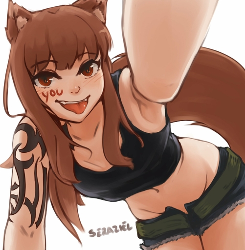 animal_humanoid blush bottomwear breasts brown_body brown_fur brown_hair canid canid_humanoid canine canine_humanoid clothing cosplay digital_media_(artwork) female fur hair hi_res holo hotpants humanoid long_hair looking_at_viewer mammal mammal_humanoid midriff navel open_mouth red_eyes revy_(black_lagoon) seraziel shaded shirt shorts simple_background small_breasts smile solo tank_top tattoo teeth tongue tongue_out topwear white_background wolf_humanoid // 1957x2000 // 265.5KB