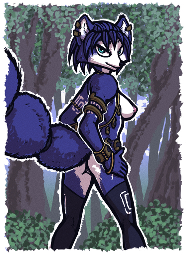 anthro blue_body blue_fur breasts canid canine clothing female fox fur genitals green_eyes hi_res jewelry krystal legwear looking_at_viewer luraiokun mammal nintendo pussy solo star_fox thigh_highs video_games // 950x1304 // 1.8MB