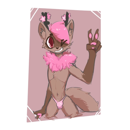 1:1 anthro antlers brown_body brown_fur cervid clothing fur gelkoo_(character) hair hi_res horn hybrid looking_at_viewer male mammal one_eye_closed pink_body pink_fur pink_hair procyonid raccoon simple_background smile solo the_xing1 underwear // 2048x2048 // 158.6KB