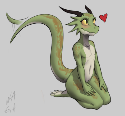 2019 <3 anthro female flat_chested full-length_portrait green_body green_scales grey_background horn kneeling kobold long_tail nude nude_anthro nude_female portrait pupils scales scalie simple_background slit_pupils solo tail_motion tailwag w4g4 yellow_eyes // 796x738 // 256.6KB