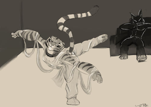 absurd_res anthro breasts butt collar dancing dreamworks felid feline female hi_res implied_erection kung_fu_panda lynx male mammal master_tigress sabrotiger // 4299x3035 // 4.2MB