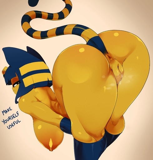 2022 absurd_res ankha_(animal_crossing) anthro anus areola ashraely bent_over big_breasts big_butt black_eyes blue_body blue_fur blue_hair bodily_fluids breasts butt dialogue digital_media_(artwork) domestic_cat english_text felid feline felis female fur genital_fluids genitals glistening glistening_body hair half-closed_eyes hanging_breasts headdress hi_res huge_breasts huge_butt looking_at_viewer looking_back looking_back_at_viewer mammal markings multicolored_body multicolored_fur narrowed_eyes nipples orange_areola orange_nipples presenting presenting_anus presenting_hindquarters presenting_pussy pussy pussy_juice raised_tail rear_view simple_background solo standing striped_markings striped_tail stripes tail_markings talking_to_viewer text thick_thighs uraeus video_games wide_hips yellow_body yellow_fur // 3357x3508 // 988.0KB