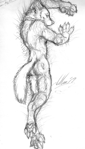 absurd_res anthro canid canine canis collar coyote hi_res looking_at_viewer ludicrous_res mammal monochrome nude smile solo traditional_media_(artwork) tuuwa vellum // 1605x2803 // 2.5MB