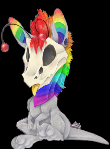 alpha_channel bone dinosaur feral grey_body grey_skin hair hi_res multicolored_hair rainbow_hair reptile scalie simple_background skull smile solo tongue traditional_media_(artwork) transparent_background ulitochka yellow_tongue // 1624x2194 // 2.7MB