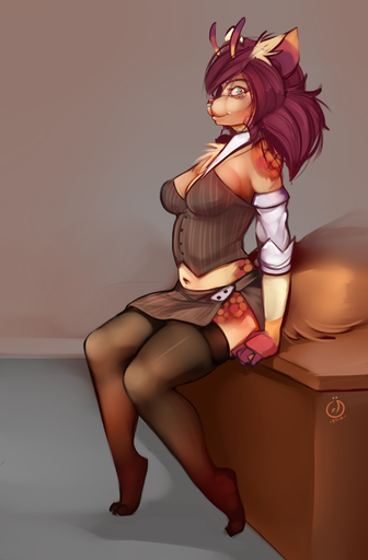 2016 absurd_res anthro biped blush breasts chest_tuft clothing digital_media_(artwork) facial_piercing female green_eyes hi_res legwear looking_at_viewer nose_piercing ozi-rz piercing sitting smile solo stockings tuft // 1970x3000 // 2.1MB