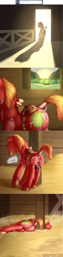2012 absurd_res after_sex backsack balls barn big_macintosh_(mlp) blonde_hair blush bodily_fluids braeburned butt comic cum cum_in_ass cum_inside cutie_mark digital_media_(artwork) earth_pony english_text equid equine feral fur genital_fluids genitals hair hi_res horse light long_image male mammal messy pony red_body red_fur saddle shaded solo sunlight tall_image text tired // 1400x5700 // 6.1MB