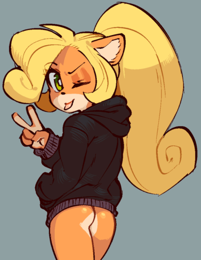 2020 activision anthro blonde_hair bottomless butt clothed clothing coco_bandicoot crash_bandicoot_(series) digital_media_(artwork) female gesture green_eyes hair hoodie long_hair looking_at_viewer mammal marsupial one_eye_closed orange_body ponytail shaded simple_background solo tongue tongue_out topwear v_sign video_games wamudraws wink // 555x719 // 65.4KB
