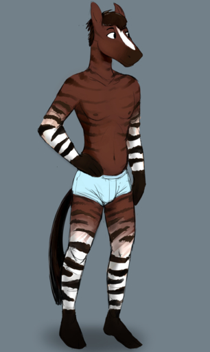 anthro barefoot biped brown_hair bulge clothed clothing equid equine feet grey_background hair hand_on_hip hi_res hladilnik horse hybrid male mammal navel nipples simple_background smile solo topless underwear will_(hladilnik) zebra zebroid zorse // 765x1280 // 406.7KB