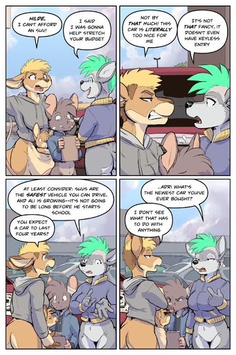 2020 2:3 5_fingers adrian_gray ali_gray anthro arguing argument big_breasts blonde_hair bottomless breasts brown_body brown_fur butt canid canine canis car casual_exposure clothed clothing comic day dialogue english_text featureless_crotch female fingers fur green_hair grey_body grey_fur group hair hi_res hildegard_rothschild kangaroo macropod male mammal marsupial mother mother_and_child mother_and_son mouse murid murine open_mouth outside parent parent_and_child pouch_(anatomy) rick_griffin rodent short_hair son speech_bubble text tongue tongue_out vehicle wolf young // 1200x1800 // 1.4MB