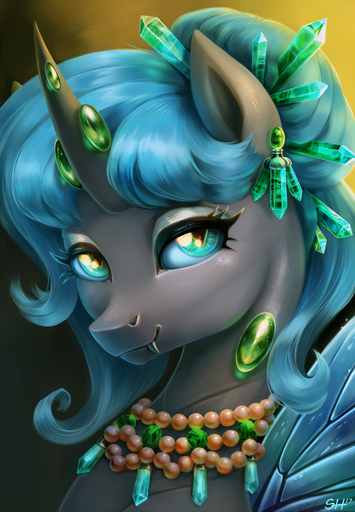 2017 arthropod beads blue_hair bust_portrait changeling crystal ear_piercing emerald_(gem) eyelashes eyeshadow fan_character fangs female feral friendship_is_magic gem hair hasbro hi_res horn insect_wings jewelry looking_at_viewer makeup mascara my_little_pony necklace piercing portrait pupils queen_polistae simple_background slit_pupils smile solo sorc teal_eyes wings // 841x1212 // 1.1MB