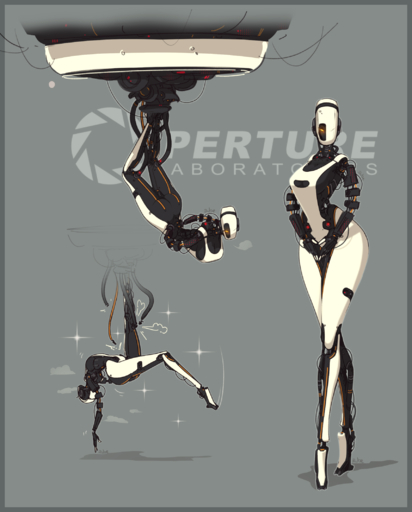android anthro artificial_intelligence breasts butt digital_media_(artwork) female glados hi_res humanoid logo long_legs looking_at_viewer machine pose robot robot_humanoid rube shaded signature simple_background solo video_games wire // 1715x2129 // 1.1MB