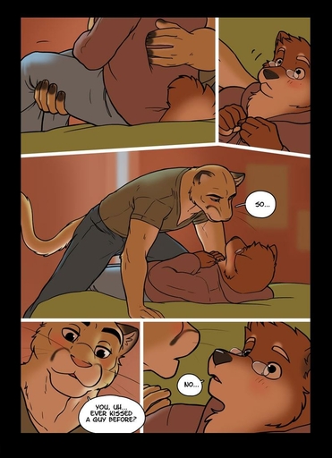 anthro bed bedroom blush bridal_carry brown_body brown_fur canid canine canis carrying chris_(meesh) clothed clothing comic cougar detailed_background dialogue digital_media_(artwork) domestic_dog duo english_text eyewear felid feline fully_clothed fur furniture glasses half-closed_eyes hoodie john_(meesh) looking_down lying male malemale mammal meesh muscular narrowed_eyes on_back sitting smile speech_bubble text topwear wide_eyed yellow_body yellow_fur // 796x1100 // 96.3KB