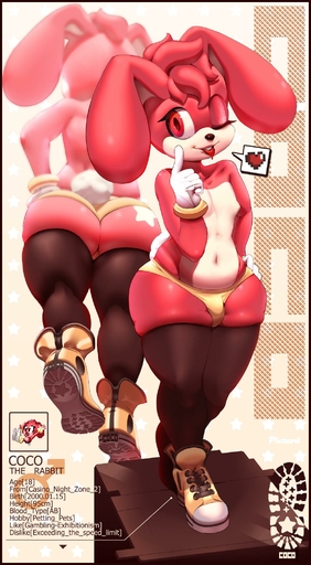 <3 anthro bulge clothed clothing coco_(picturd) english_text fan_character floppy_ears footwear fur girly hair hi_res lagomorph legwear leporid male mammal model_sheet one_eye_closed picturd rabbit red_body red_eyes red_fur red_hair shoes solo text thigh_highs topless wide_hips wink // 1138x2066 // 273.0KB