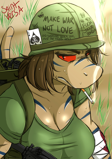 2019 absurd_res ar-15 armor assault_rifle bandage blood bodily_fluids breasts brown_hair bust_portrait card cigarette cleavage clothed clothing detailed_background english_text eyebrows female g.i._(military) grass gun hair headgear helmet hi_res m16 military military_uniform non-mammal_breasts plant playing_card portrait radio ranged_weapon red_eyes reptile rifle saintversa scalie skull_and_crossbones smoke smoking snake solo stoner_rifle suit_symbol sweat tally_marks text uniform united_states_of_america vietnam vietnam_war war weapon ♠ // 2828x4000 // 7.7MB