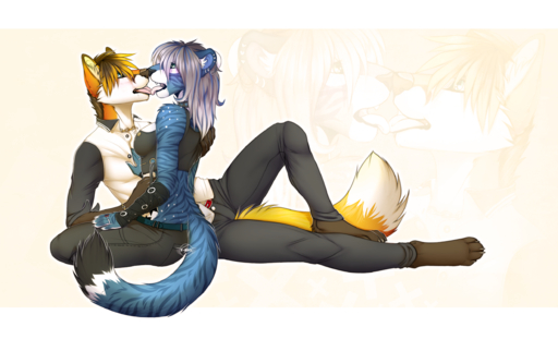 anthro canid canine digital_media_(artwork) duo f-r95 felid female fox hi_res kissing male malefemale mammal // 2500x1517 // 2.4MB