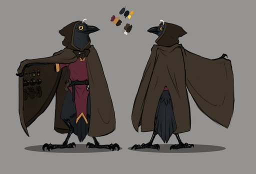 2022 4_toes ambiguous_gender anisodactyl anthro avian beak bird black_body black_feathers claws cloak clothed clothing corvid feathers feet female_(lore) flamespitter kenku looking_at_viewer looking_back model_sheet oscine passerine simple_background smile solo toes yellow_eyes // 1280x869 // 68.2KB