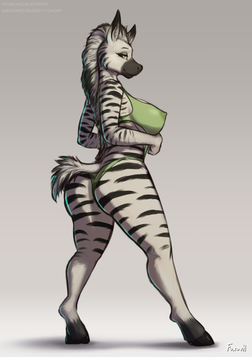 2021 anthro big_breasts big_butt black_and_white_fur breasts butt clothing digital_media_(artwork) equid equine female foxovh fur hi_res horse mammal panties shaded solo striped_body striped_fur stripes translucent translucent_clothing underwear zebra // 905x1280 // 387.2KB