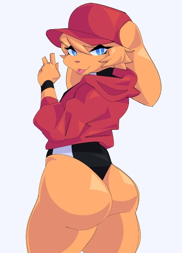 absurd_res ambiguous_gender anthro baseball_cap big_butt black_clothing blonde_hair blue_eyes butt clothed clothing colored cytrusawa eyelashes fur furgonomics gesture girly hair hat headgear headwear hi_res hoodie lagomorph leporid long_ears long_sleeves looking_at_viewer looking_back looking_back_at_viewer mammal narrowed_eyes one-piece_swimsuit pink_nose pink_tongue playful rabbit rear_view red_clothing red_hat red_headwear short_hair simple_background skimpy small_nose small_waist solo swimwear thick_thighs tongue tongue_out topwear v_sign visor wide_hips wristband yellow_body yellow_fur // 2600x3620 // 351.4KB
